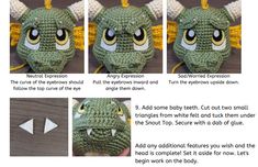 instructions for how to crochet an adorable green dragon with big eyes and horns