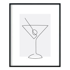 a line drawing of a martini glass with an olive on the rim in black framed paper