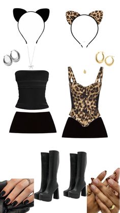 a woman's outfit and accessories are shown in this image, including heels, gloves,