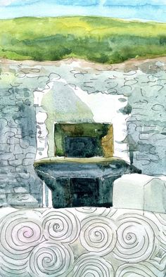 watercolor and ink drawing of a chair in front of a stone wall