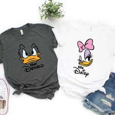 Couples Park Shirts, Matching Shirts, His Daisy Shirt, Her Donald Shirt, Donald And Daisy Shirts Matching Disney Shirts For Couples, Couple Shirts Relationships, Disney Couple Outfits, Couples Disney Shirts, Couple Disney, Disney Bound Outfits Casual, Daisy Shirt, Custom Disney Shirts, Donald And Daisy