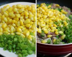 corn and green peppers are being cooked in a skillet on the stove, before and after cooking