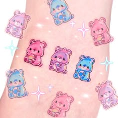 there are many stickers on the leg of a woman's foot that is decorated with teddy bears