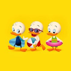 three cartoon ducks are standing next to each other in front of a bright yellow background