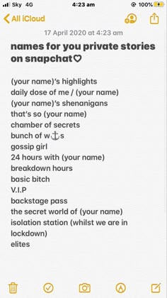 an iphone screen with the text names for you private stories on snapchat