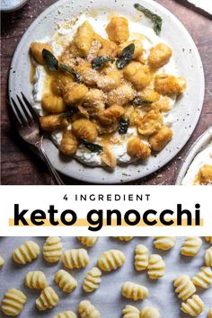 the ingredients for keto gnocchi are shown in this collage with text overlay