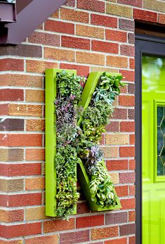 the letter k is made out of green plants on a brick wall next to a black door