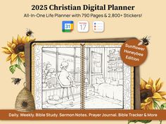 the bible coloring book with sunflowers and bees on it, is shown in front of