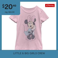 This little and big girls' Minnie Mouse graphic t-shirt is a sweet casual style go-to. Crafted from soft cotton-knit, this tee has a crew neckline and short sleeves. Style it with leggings or a skirt. Character: Minnie MouseClosure Type: Pullover HeadFit: Regular FitNeckline: Crew NeckSleeve Length: Short SleeveFiber Content: 100% CottonFabric Description: KnitCare: Tumble Dry, Machine WashCountry of Origin: Imported Minnie Mouse Girl, Tops Graphic, Mickey Mouse And Friends, Girls Tees, Disney Girls, Cute Poses, Mickey And Friends, Iconic Characters, New Girl