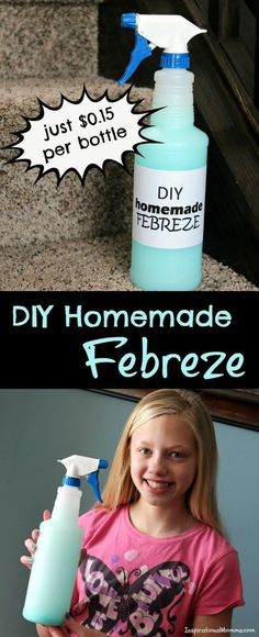 With just 4 ingredients, this DIY Homemade Febreze is only $0.15/bottle and will leave your home smelling fresh and yummy! Homemade Febreze, Homemade Home Decor, Cleaning Spray