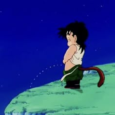 an anime character sitting on top of a hill in the water with his arms crossed