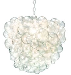 a chandelier made out of glass balls hanging from a metal chain on a white background