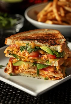 a grilled sandwich on a white plate with french fries in the backgroud