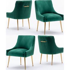 four green velvet chairs with gold legs and brass handles, all in different shapes and sizes