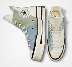 Style No. A04370C Color: Summit Sage/Egret High-top sneaker with material split upper made from canvas, twill, and poly-cotton denim. OrthoLite cushioning for all-day comfort. An asymmetrical, fused design and elongated tongue for standout style. A split rubber outsole distorts heritage Chuck Taylor design elements. A spliced Chuck Taylor ankle patch. Chuck 70 Plus Material Mashup Unisex High Top Shoes. Converse Chuck 70 Plus, Chuck 70 Plus, Cute Converse Shoes, High Top Wedge Sneakers, Cute Converse, Cute Nike Shoes, Converse Chuck 70, Cute Nikes, Shoe Inspo