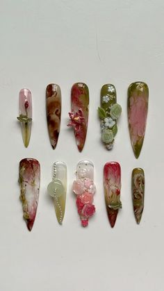 long stiletto nails, pink and green, floral lotus jade, strawberry matcha Matcha Strawberry Nails, Pink And Green Nail Art, Pink And Green Nails Design, Green Floral Nails, Stiletto Nails Pink, Matcha Nails, Lotus Nails, Rose Pink Nails, Jade Nails