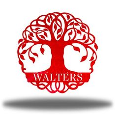 a red tree with the words walter's on it and two faces in the center