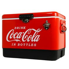 a red and black cooler with the words drink coca in bottles on it