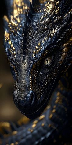 a close up of a dragon's head with gold and black details on it