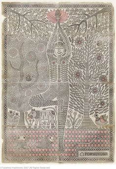 an art work with animals and trees on it's side, in grey tones