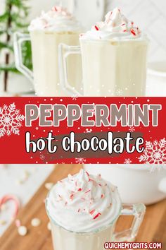 A glass with a handle with peppermint hot chocolate and crumbles of peppermint candy cane on top.