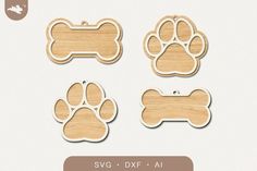 wooden cutouts with dog's paws and bones on them for laser cutting