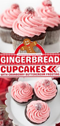 gingerbread cupcakes with cranberry buttercream frosting on top