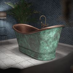 an old fashioned bathtub in the middle of a tiled floor