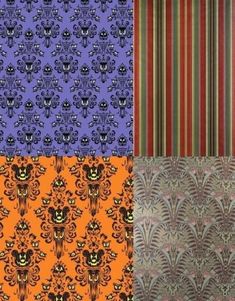 four different colored patterns with black and orange designs on them, all in different colors