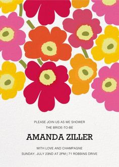 the colorful flowers are on display in this bright, modern floral wedding shower party card