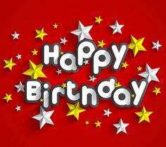 happy birthday greeting card with stars and text on red background, eps1098