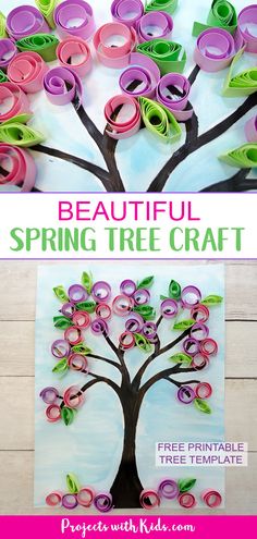 a tree made out of rolled up paper with the words beautiful spring tree craft on it