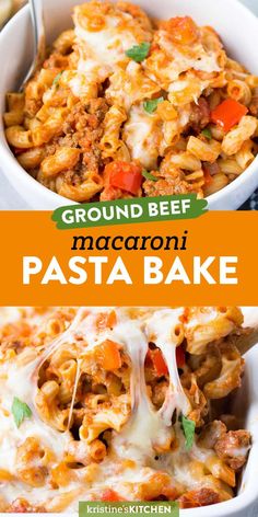 ground beef macaroni pasta bake in a white bowl