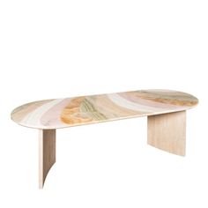 a wooden table with an abstract design on the top and bottom, against a white background