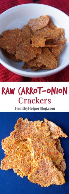 raw carrot - onion crackers in a white bowl and on a blue tablecloth