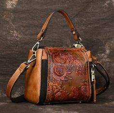 New-Vintage-Women-Genuine-Cow-Leather-Shoulder-Bag-Embossed-Handbag-Purse-XS Natural Handbags, Mobile Bag, Flower Handbag, Bucket Handbags, Look Retro, Genuine Leather Handbag, Genuine Leather Bags, Bags Travel, Tote Purse