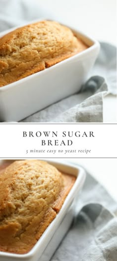 two pictures of brown sugar bread in white dishes