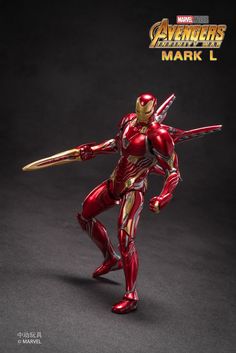 the iron man figure is posed in front of a black background with text that reads,'avengers mark l '