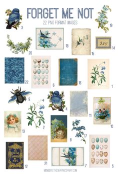 a collage of blue and white images with the words forget me not