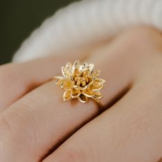 Title: Dainty Waterlily Ring Story: Dainty and delicate lotus flower ring. Material:  Solid 925 Silver, Vermeil (3 Micron 14k Gold Plating over Silver), and 14k Gold Plate over Brass Timeline:  Silver and 14k Gold Plate ship right away, Vermeil takes 2-3 weeks for me to make.  Deminsions: 1.3 mm band Special Options: Need alternative sizes or materials? Message me. I also offer this ring in solid gold.  Packaging: All items are nicely packaged and ready to gift in lovely jewelry boxes. The jewel Nature-inspired Gold Flower Ring For Anniversary, Water Lily Ring, Lotus Flower Ring, Lily Ring, Lotus Ring, Ring Inspo, Gold Flower Ring, Cute Engagement Rings, Solid Gold Chains