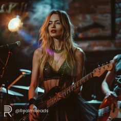 a beautiful young lady holding a guitar in front of a microphone