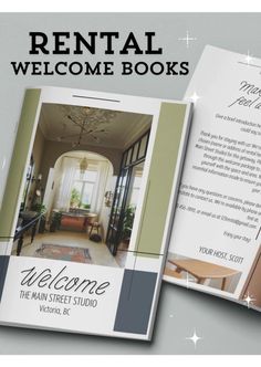 the front and back pages of a real estate welcome book, with an image of a living room in the background