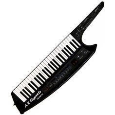 an electronic keyboard with musical notes on it's side and the keys are black