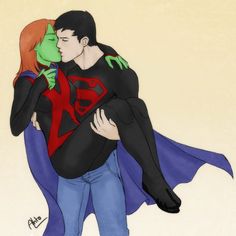 a drawing of a man hugging a woman with her arms wrapped around his neck and wearing a superman shirt