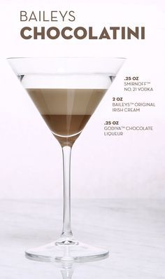 an advertisement for bailey's chocolate martini on a white background with information about the ingredients