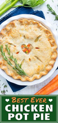 a chicken pot pie with carrots and celery on the side in a white bowl