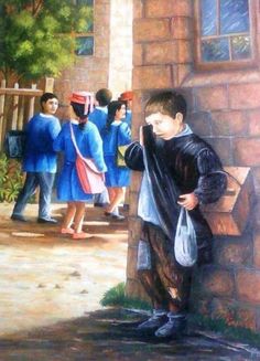 a painting of a boy leaning against a wall with other people in the background, all looking at him