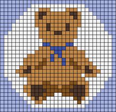 a cross stitch teddy bear on a blue and white background