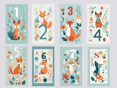 four cards with foxes and flowers on them, one has the number three in it