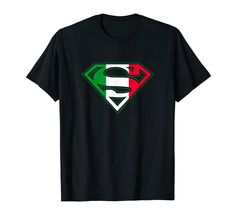 a black t - shirt with a green and red superman logo on the chest,